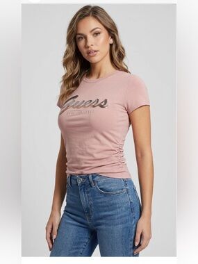 GUESS Blush Pink Metallic Logo Ruched Short Sleeve Tee